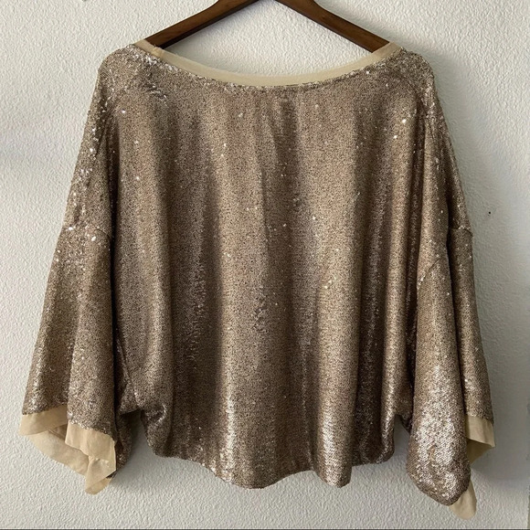 FREE PEOPLE Champagne Dreams Sequined Slouchy Crop Top Gold Small Womens Relaxed - Picture 13 of 16